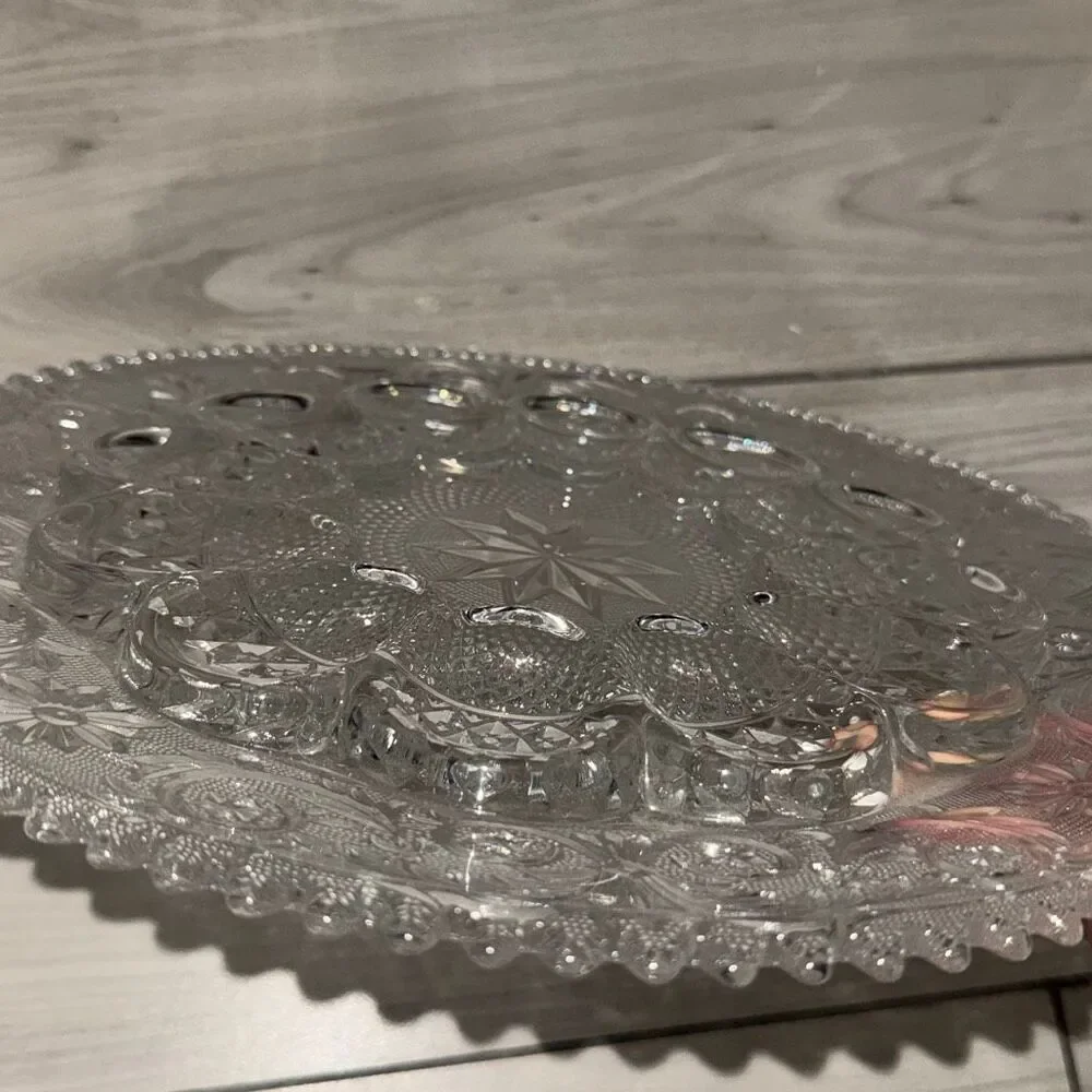 vintage Duncan & Miller clear glass deviled egg server in the 